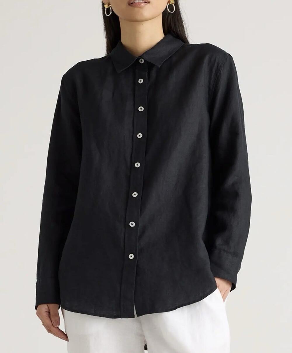Quince Women's 100% European Linen Long Sleeve Black Button Up Shirt Medium